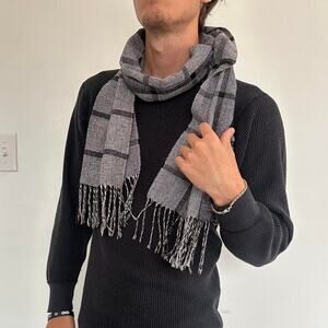 Vintage 80s Cotton Wool Plaid Gingham English Wide Tassel Scarf Wrap